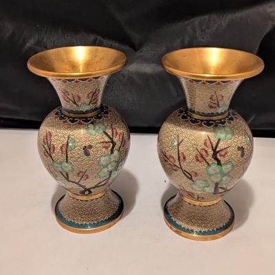 Pair Of Cloisonne Brass Enamel Floral Vases Cherry Blossom (B)