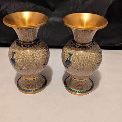 Pair Of Cloisonne Brass Enamel Floral Vases Cherry Blossom (B)