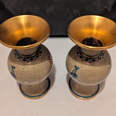Pair Of Cloisonne Brass Enamel Floral Vases Cherry Blossom (B)