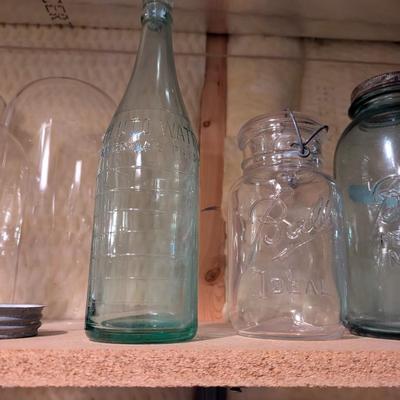 Vintage Aqua Glass Pluto Water America's Physic Bottle With Cap & Canning Jars Canister (B)