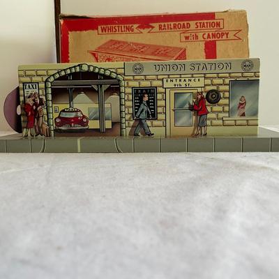 D1197 Antique Marx Whisling Railroad Station Lithograph Train House