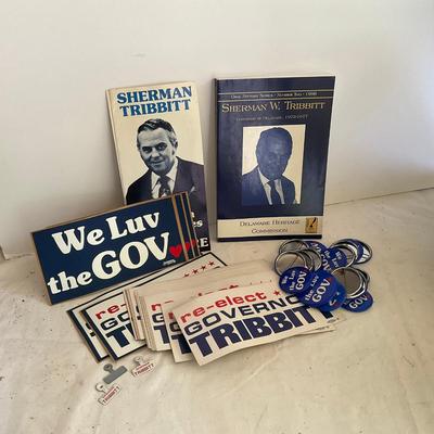 G1209 Delaware Government Sherman Tribbitt Political Stickers & Buttons and signed book