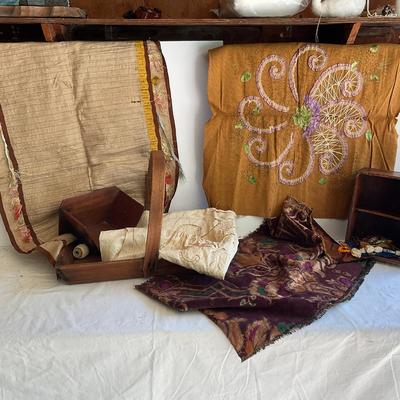 G1210 Lot Of Antique Victorian Unfinished Needlework With Wooden Basket