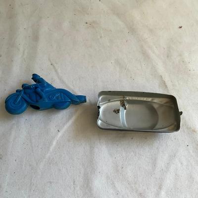 D1212 Vintage Blue Plastic Gerber Motorcycle Whistle And Tin Litho Toy Car