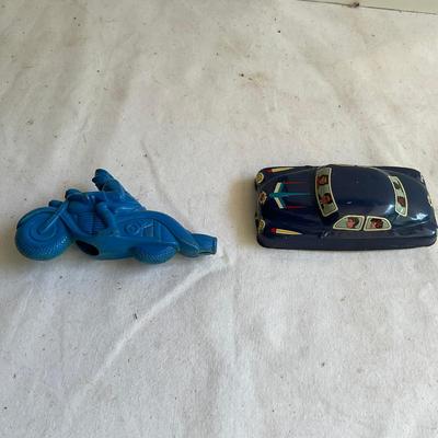 D1212 Vintage Blue Plastic Gerber Motorcycle Whistle And Tin Litho Toy Car