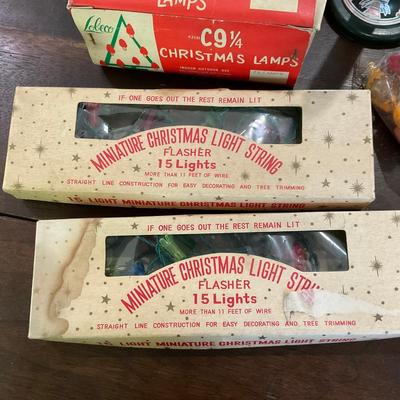 L1219 Set of Two Vintage Mini Christmas Lights With Bulbs With Antique Christmas Decor & Candlestick Lamp