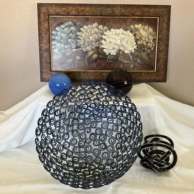 Hand painted Hydrangea, 12x21, Blue Metal bowl with glass decor