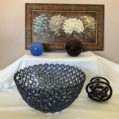 Hand painted Hydrangea, 12x21, Blue Metal bowl with glass decor