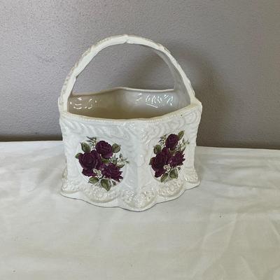 Vintage Golden E&R Fine China Basket, Purple Flowers