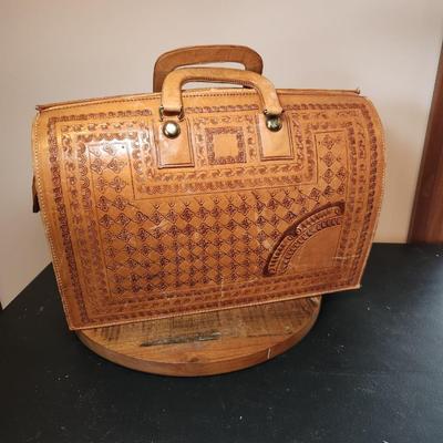 Vintage La Colmena Mexico Hand Tooled Leather Aztec Briefcase Locking La Colemina