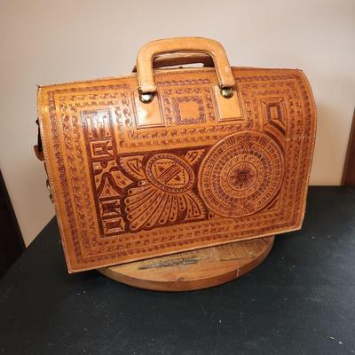 Vintage La Colmena Mexico Hand Tooled Leather Aztec Briefcase Locking La Colemina