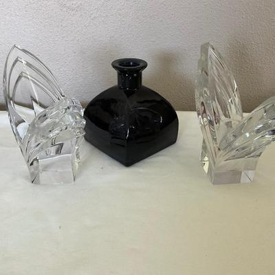 Heavy Lead Crystal Candle Holders w/black bud vase