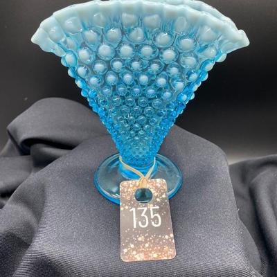Fenton glass aqua blue hobnail fan vase
