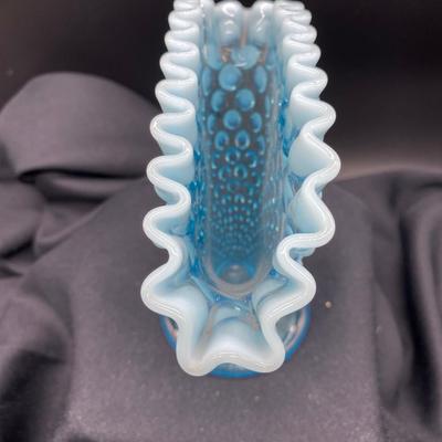 Fenton glass aqua blue hobnail fan vase