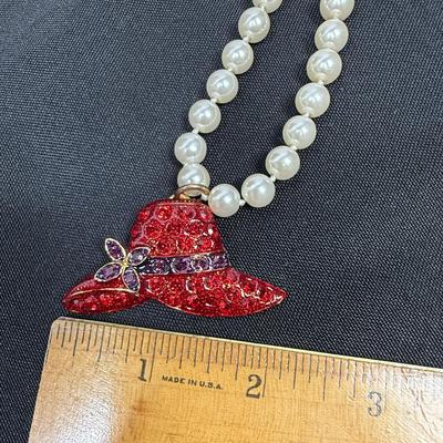 Red Hat Society Pendant on Faux Pearl Necklace