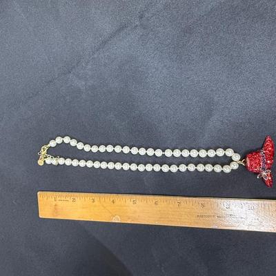 Red Hat Society Pendant on Faux Pearl Necklace