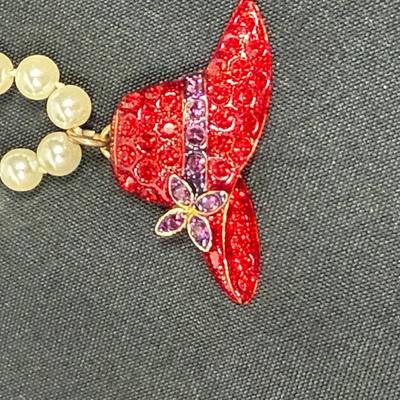 Red Hat Society Pendant on Faux Pearl Necklace