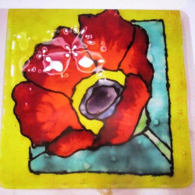 Fused Glass Flower Created & Signed By A Local Artist From Horse Shoe Approx 8" x 8"