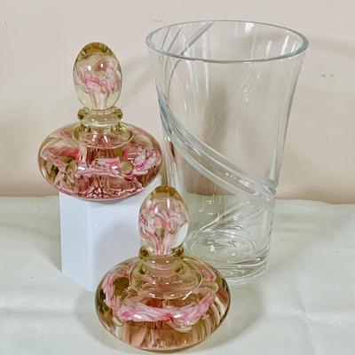 LOT 33: Set of Two (2) Beautiful Art Glass Perfume Bottles and a Cut Glass Vase