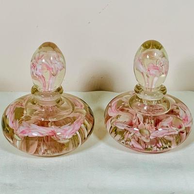 LOT 33: Set of Two (2) Beautiful Art Glass Perfume Bottles and a Cut Glass Vase