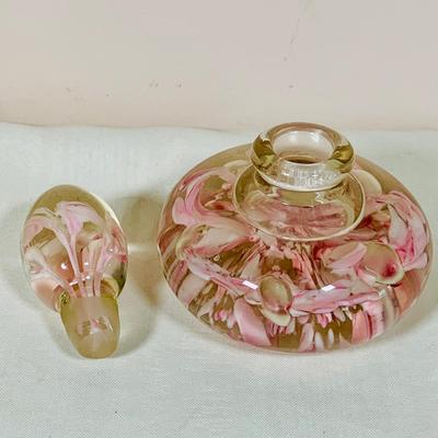LOT 33: Set of Two (2) Beautiful Art Glass Perfume Bottles and a Cut Glass Vase