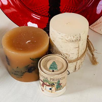 LOT 37: Assortment of Christmas Decor Including Unused Candles, Mug, Vintage Boot and More