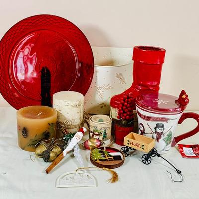 LOT 37: Assortment of Christmas Decor Including Unused Candles, Mug, Vintage Boot and More