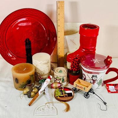 LOT 37: Assortment of Christmas Decor Including Unused Candles, Mug, Vintage Boot and More