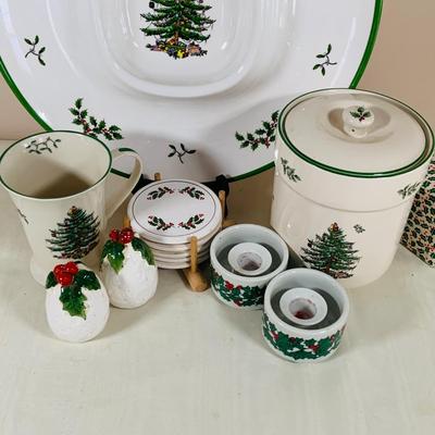 LOT 38: Spode Christmas Tree Serving Plate (Plastic) Ceramic Mug and Cookie Jar, Lefton Salt and Pepper Shakers, and More