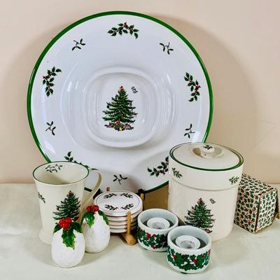 LOT 38: Spode Christmas Tree Serving Plate (Plastic) Ceramic Mug and Cookie Jar, Lefton Salt and Pepper Shakers, and More