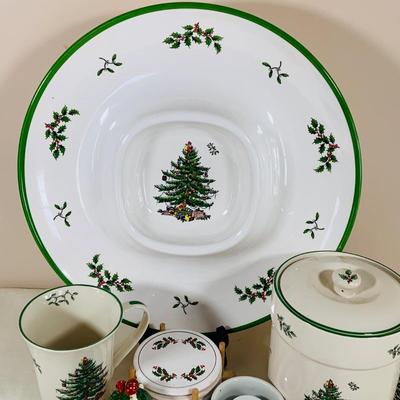 LOT 38: Spode Christmas Tree Serving Plate (Plastic) Ceramic Mug and Cookie Jar, Lefton Salt and Pepper Shakers, and More