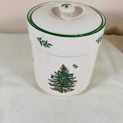 LOT 38: Spode Christmas Tree Serving Plate (Plastic) Ceramic Mug and Cookie Jar, Lefton Salt and Pepper Shakers, and More