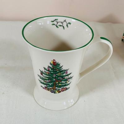 LOT 38: Spode Christmas Tree Serving Plate (Plastic) Ceramic Mug and Cookie Jar, Lefton Salt and Pepper Shakers, and More