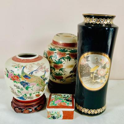 LOT 39: Asian Inspired Decor Including Ginger Jars by Toyo and Satsuma Japan, a “Chokin” Metal-Engraved Vase from Japan and More