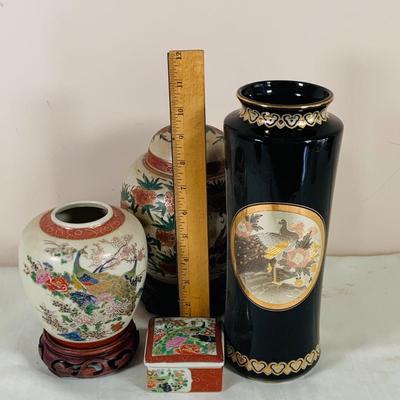 LOT 39: Asian Inspired Decor Including Ginger Jars by Toyo and Satsuma Japan, a “Chokin” Metal-Engraved Vase from Japan and More