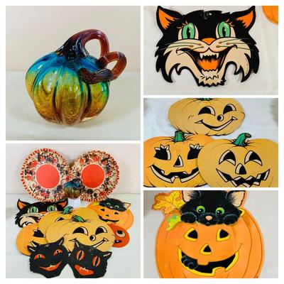 LOT 41: Collection of Halloween Decorations Including Paper Decor by Beistle, Eureka and Hallmark and Crackle Glass Pumpkin