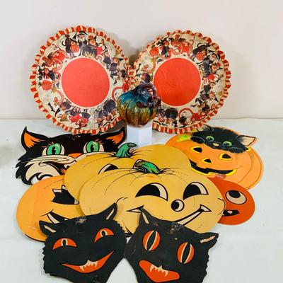 LOT 41: Collection of Halloween Decorations Including Paper Decor by Beistle, Eureka and Hallmark and Crackle Glass Pumpkin