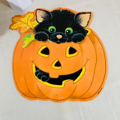 LOT 41: Collection of Halloween Decorations Including Paper Decor by Beistle, Eureka and Hallmark and Crackle Glass Pumpkin