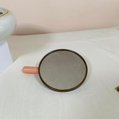 LOT 44: Vintage Vanity Necessity Including Hand Painted Glass Bottles, Metal Power Bottles, a Ceramic Jaw with Mirror Lid and More