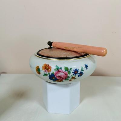 LOT 44: Vintage Vanity Necessity Including Hand Painted Glass Bottles, Metal Power Bottles, a Ceramic Jaw with Mirror Lid and More