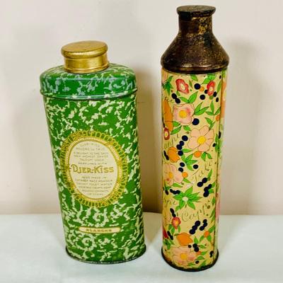 LOT 44: Vintage Vanity Necessity Including Hand Painted Glass Bottles, Metal Power Bottles, a Ceramic Jaw with Mirror Lid and More