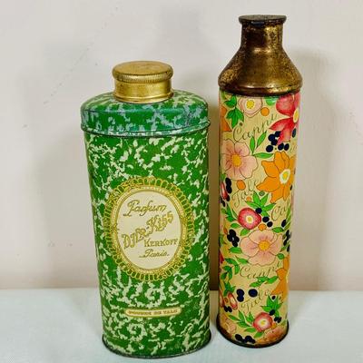 LOT 44: Vintage Vanity Necessity Including Hand Painted Glass Bottles, Metal Power Bottles, a Ceramic Jaw with Mirror Lid and More