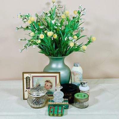 LOT 45: Beautiful Art Glass Perfume Bottle, Glass Jars with Lids, Vintage Thermometer Advertisement, Perfume, Vase with Faux Flowers