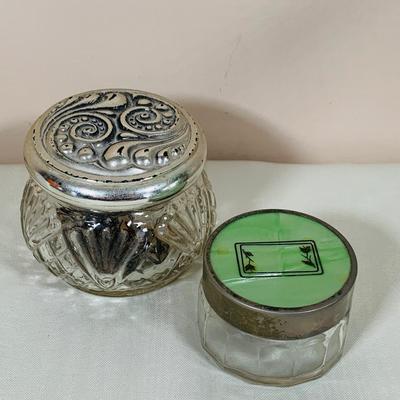 LOT 45: Beautiful Art Glass Perfume Bottle, Glass Jars with Lids, Vintage Thermometer Advertisement, Perfume, Vase with Faux Flowers