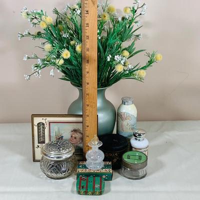 LOT 45: Beautiful Art Glass Perfume Bottle, Glass Jars with Lids, Vintage Thermometer Advertisement, Perfume, Vase with Faux Flowers