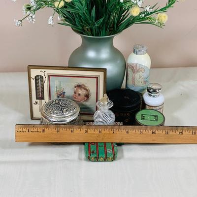 LOT 45: Beautiful Art Glass Perfume Bottle, Glass Jars with Lids, Vintage Thermometer Advertisement, Perfume, Vase with Faux Flowers