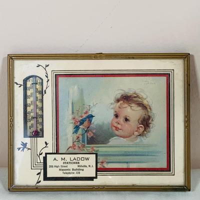 LOT 45: Beautiful Art Glass Perfume Bottle, Glass Jars with Lids, Vintage Thermometer Advertisement, Perfume, Vase with Faux Flowers