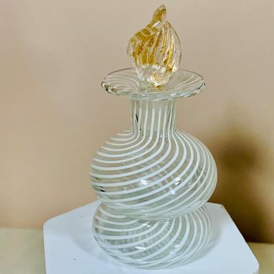 LOT 45: Beautiful Art Glass Perfume Bottle, Glass Jars with Lids, Vintage Thermometer Advertisement, Perfume, Vase with Faux Flowers