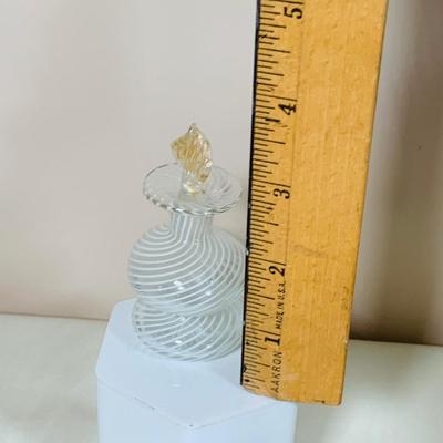 LOT 45: Beautiful Art Glass Perfume Bottle, Glass Jars with Lids, Vintage Thermometer Advertisement, Perfume, Vase with Faux Flowers