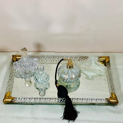 LOT 47: Mirror and Glass Vanity Tray and Glass Perfume Bottles